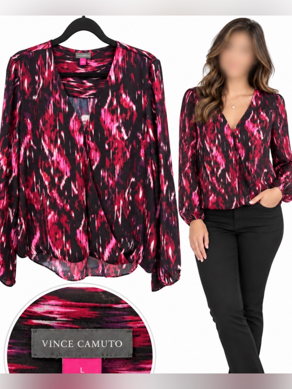 Vince Camuto Black & Pink Ikat V-Neck Blouse